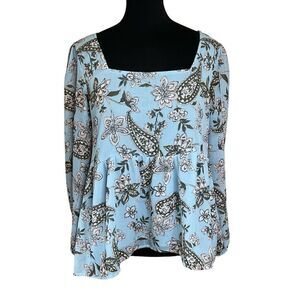 American Eagle Blue Floral Paisley Babydoll Top Size M Bow Tie Back